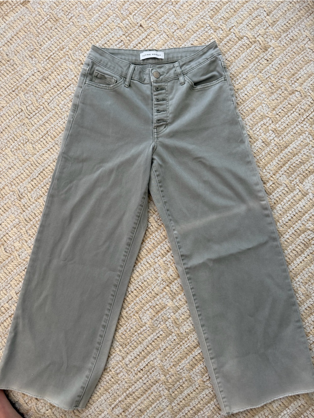 Wide Leg Button-Fly Pants - Olive Green